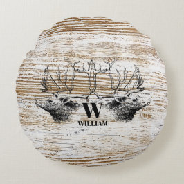 Rustic Wood Texture Deer Woodland Monogram Rond Kussen