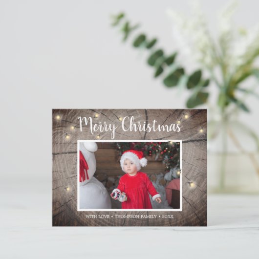 Rustic Wood Texture Fireflies kerstfoto Briefkaart (Staand voorkant)