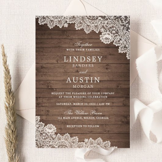 Rustic Wood Texture Lace Wedding Kaart
