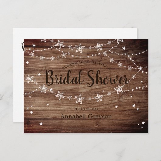 Rustic Wood Texture String Stars Vrijgezellenfeest Uitnodiging Briefkaart (Voorkant / Achterkant)