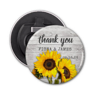 Rustic Wood Texture Sunflower Wedding Bedankt Button Flesopener