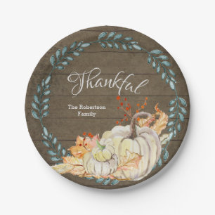 Rustic Wood Thankful Family Waterverf Pumpkin Papieren Bordje