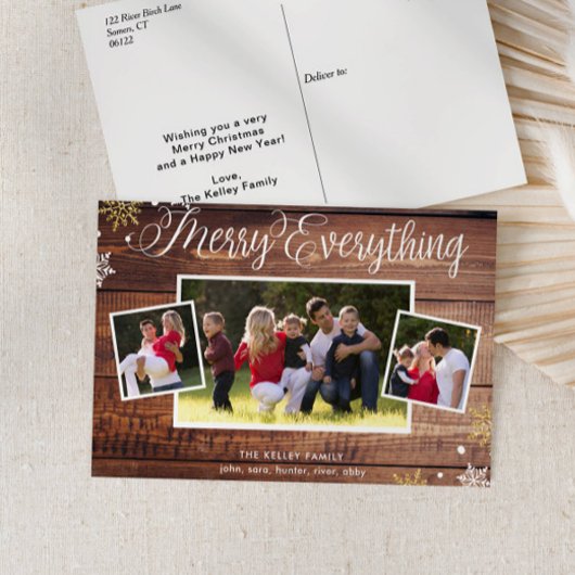 Rustic Wood Three Photo Holiday Briefkaart