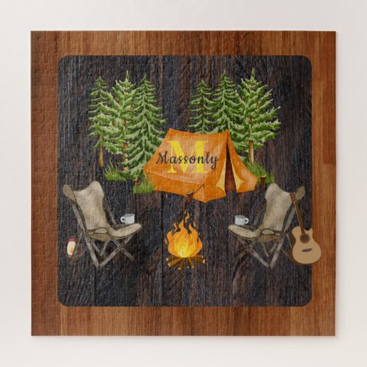 Rustic Wood tone Camping Monogram Legpuzzel (Verticaal)