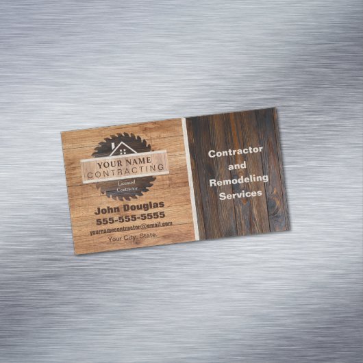 Rustic Wood Tone Contractor Logo Visitekaartje Mag Magnetisch Visitekaartje (Voorbeeld)
