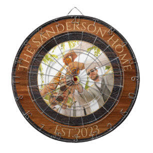 Rustic Wood Tone Familienaam Foto Dart Board Dartbord