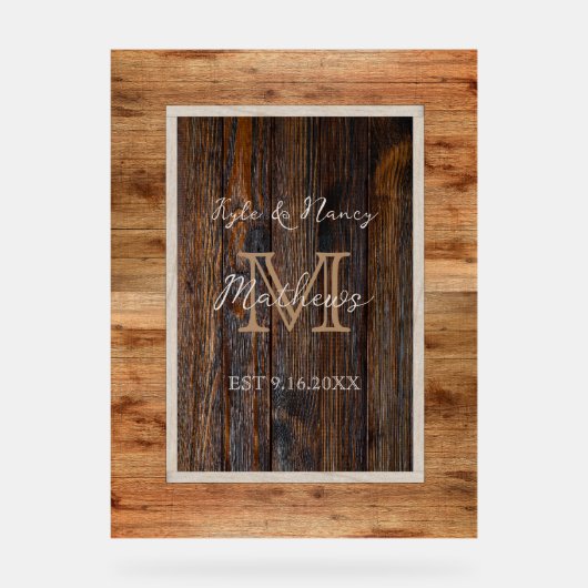 Rustic Wood Tone Monogram Acryl Bord (Voorkant)