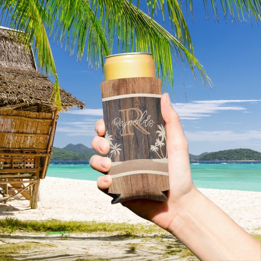 Rustic Wood Tone Monogram Beach Seltzer Blikjeskoeler