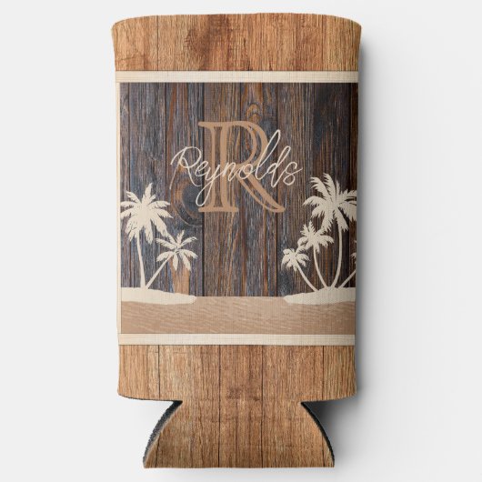Rustic Wood Tone Monogram Beach Seltzer Blikjeskoeler (Voorkant)