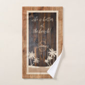 Rustic Wood Tone Monogram Palms Beach Bad Handdoek (Handdoek)