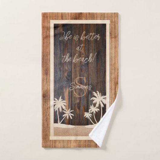 Rustic Wood Tone Monogram Palms Beach Bad Handdoek (Handdoek)
