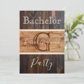 Rustic Wood Tone Monogram Stripe Bachelor Party Kaart (Staand voorkant)