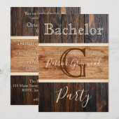 Rustic Wood Tone Monogram Stripe Bachelor Party Kaart (Voorkant / Achterkant)