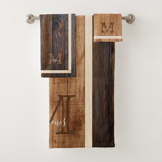 Rustic Wood Tone Monogram Stripe Bad Handdoek (Insitu)