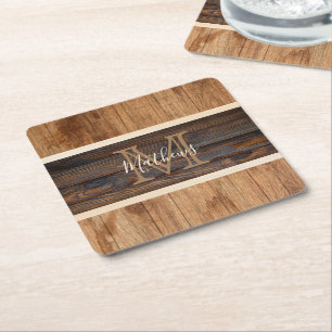 Rustic Wood Tone Monogram Stripe Kartonnen Onderzetters