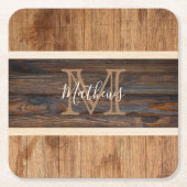 Rustic Wood Tone Monogram Stripe Kartonnen Onderzetters (Voorkant)