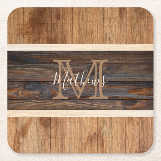 Rustic Wood Tone Monogram Stripe Kartonnen Onderzetters (Voorkant)