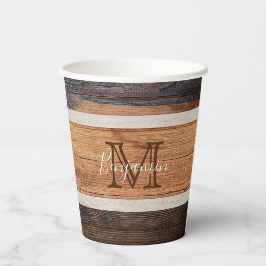 Rustic Wood Tone Monogram Stripe Papieren Bekers (Achterkant)
