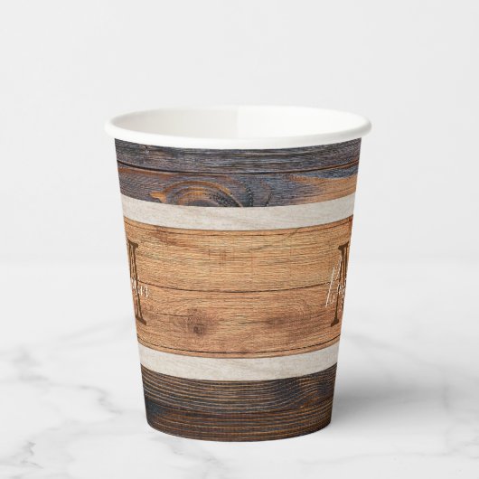 Rustic Wood Tone Monogram Stripe Papieren Bekers (Links)
