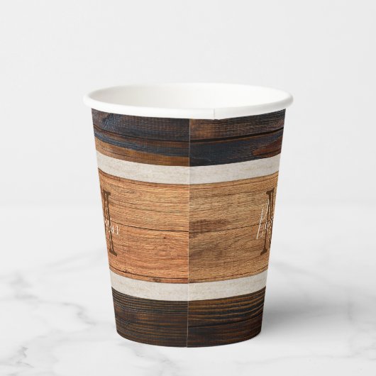 Rustic Wood Tone Monogram Stripe Papieren Bekers (Rechts)