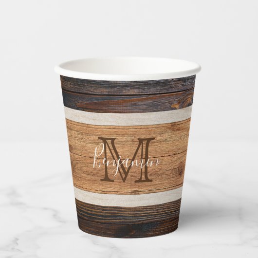 Rustic Wood Tone Monogram Stripe Papieren Bekers (Voorkant)