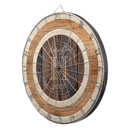 Rustic Wood Tone Monogram Tan Brown Dart Board Dartbord (Voorkant Rechts)