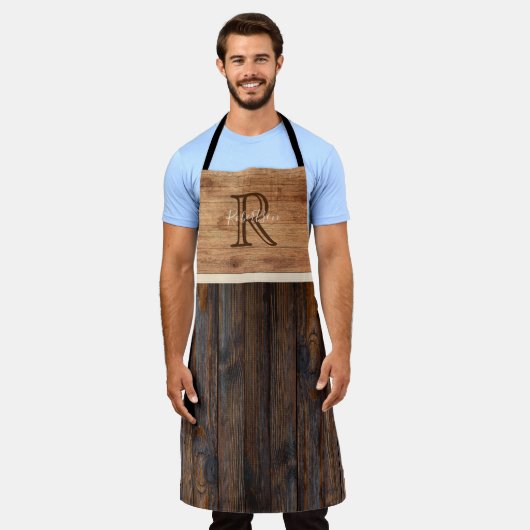 Rustic Wood Tone Monogram Tan en bruin Schort (Gedragen)