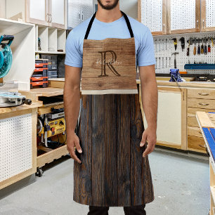 Rustic Wood Tone Monogram Tan en bruin Schort