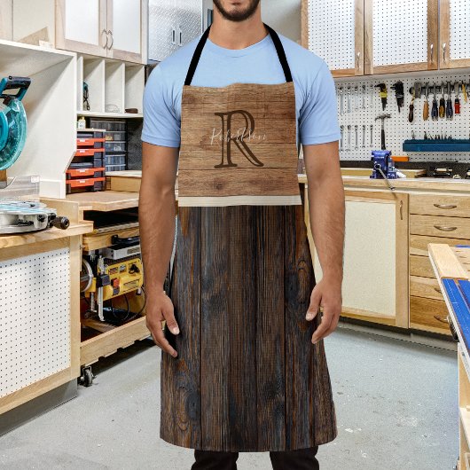 Rustic Wood Tone Monogram Tan en bruin Schort