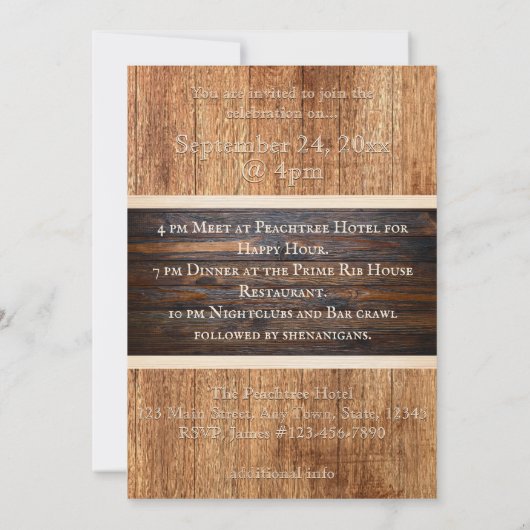 Rustic Wood Tone Stripe Bachelorette Party Kaart (Achterkant)