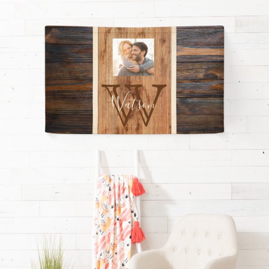 Rustic Wood Tone Stripe Monogram Foto Spandoek (Insitu)