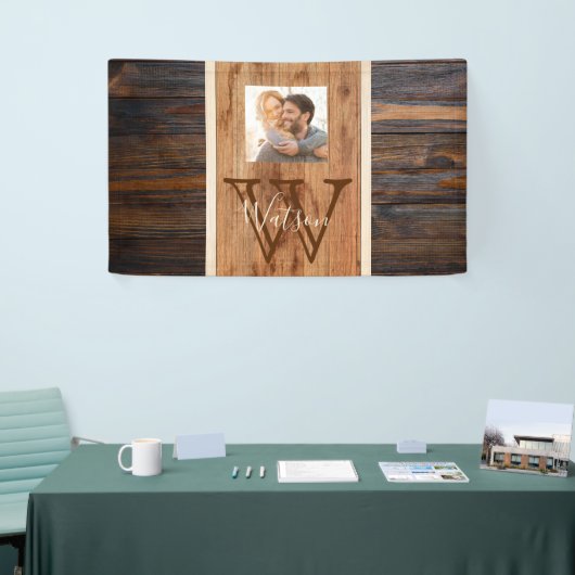 Rustic Wood Tone Stripe Monogram Foto Spandoek (Beurs)