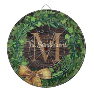 Rustic Wood Tone Wreath Monogram Dartbord