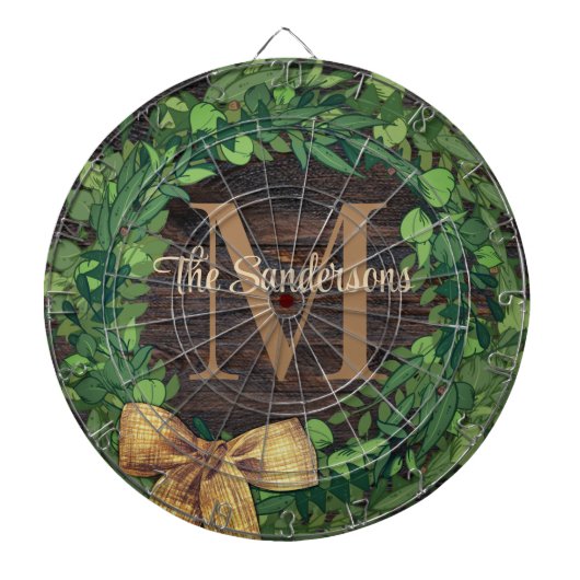 Rustic Wood Tone Wreath Monogram Dartbord (Voorkant)