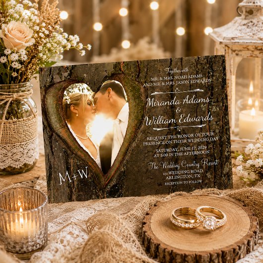 Rustic Wood Tree Heart Photo Wedding Kaart