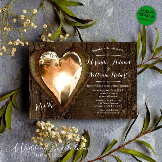 Rustic Wood Tree Heart Photo Wedding Kaart