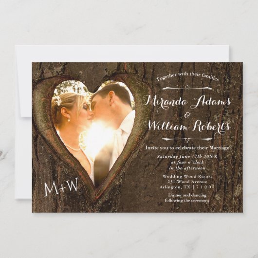 Rustic Wood Tree Heart Photo Wedding Kaart (Voorkant)
