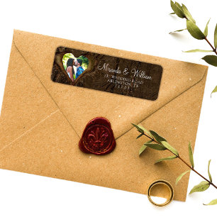 Rustic Wood Tree Heart Weddenschap Etiket