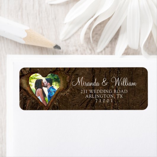 Rustic Wood Tree Heart Weddenschap Etiket (Insitu)