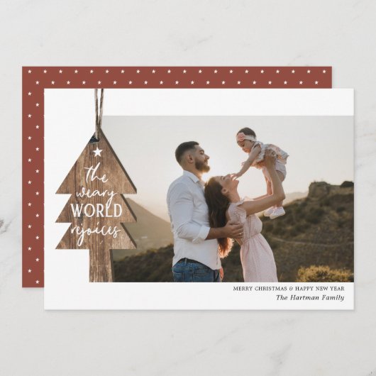 Rustic Wood Tree Ornament Foto met Kerstmis Feestdagenkaart (Voorkant / Achterkant)