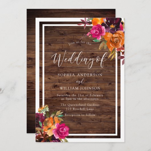 Rustic Wood Tropical Autumn Flowers Wedding Kaart (Voorkant / Achterkant)