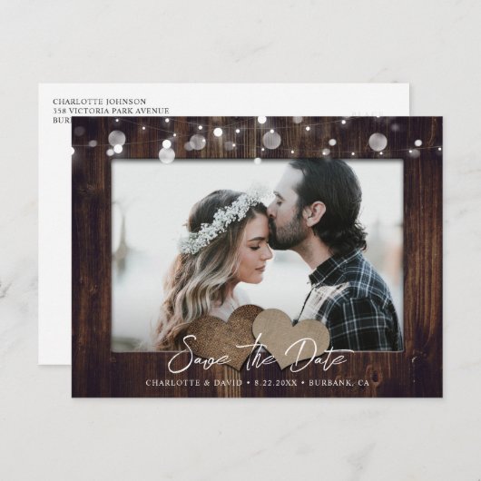 Rustic Wood Trouwfoto Sla de datum Briefkaart (Voorkant / Achterkant)
