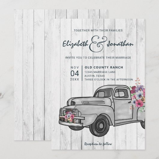 Rustic Wood Truck Boho Wedding Invitation Kaart (Voorkant / Achterkant)