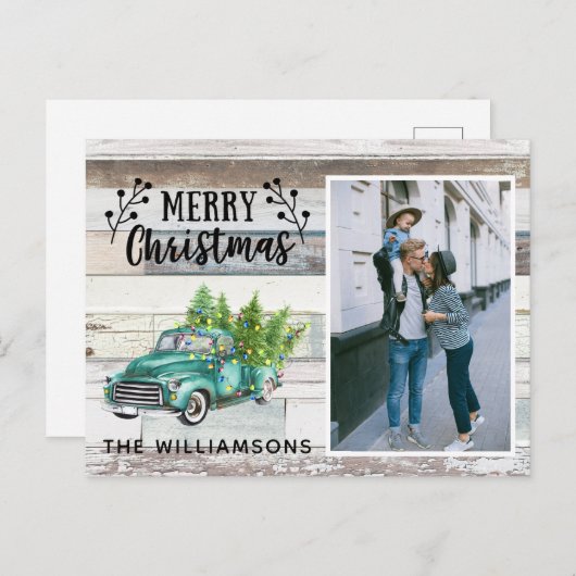 Rustic Wood Truck Script-kerstfoto Feestdagenkaart (Voorkant / Achterkant)