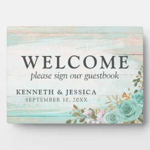 Rustic Wood Turquoise Floral Welcome Wedding Fotoplaat