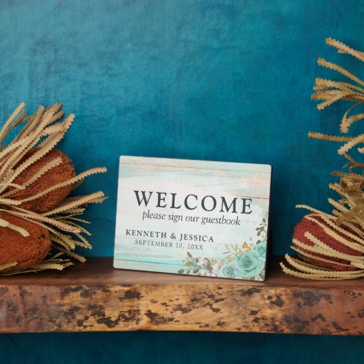 Rustic Wood Turquoise Floral Welcome Wedding Fotoplaat (Zijkant)