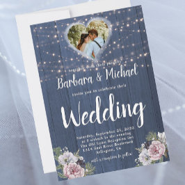Rustic Wood Twinkle Lights Foto Floral Wedding Kaart