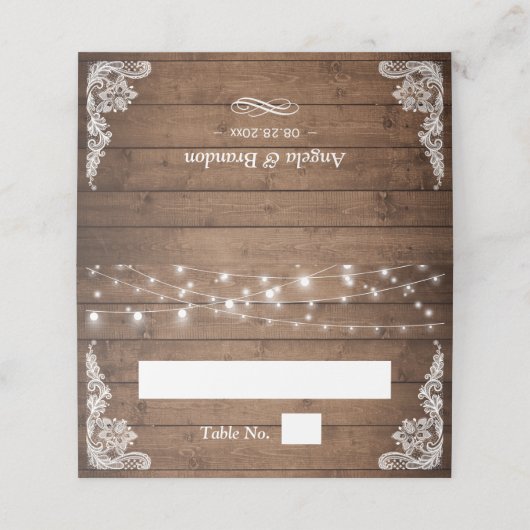 Rustic Wood Twinkle Lights Lace Wedding Plaatskaartje (Buitenkant ongevouwen)