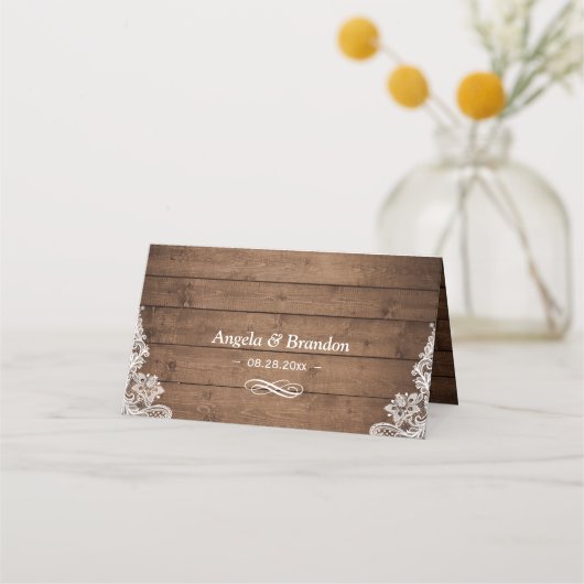 Rustic Wood Twinkle Lights Lace Wedding Plaatskaartje (Achterkant)