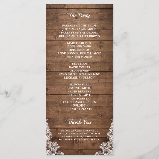 Rustic Wood Twinkle Lights Lace Wedding Programme Programmakaart (Achterkant)
